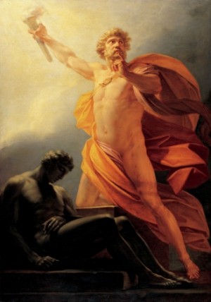Promethesus brings fire to mankind, a Heinrich Fueger painting circa 1817. The first inventor!