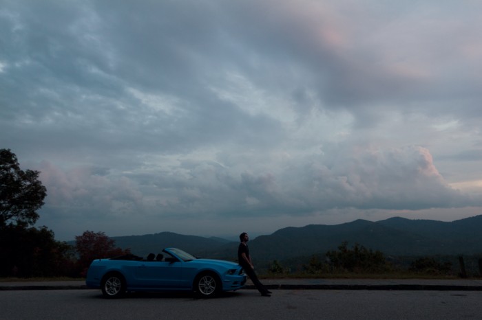 Seb, and his convertible Mustang, somewhere on the Blue Ridge Parkway at sunset